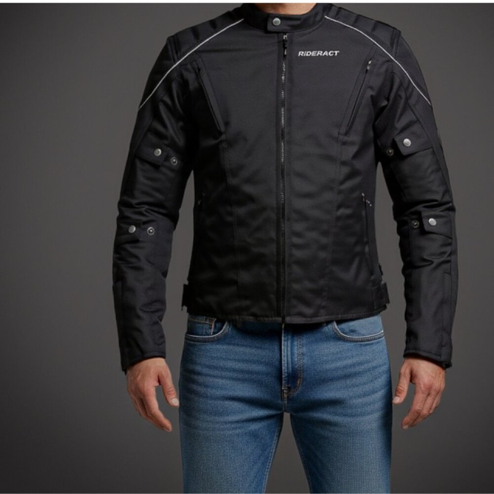 RIDERACT® Men’s Motorbike Jacket Black Waterproof Cordura Protective Gear